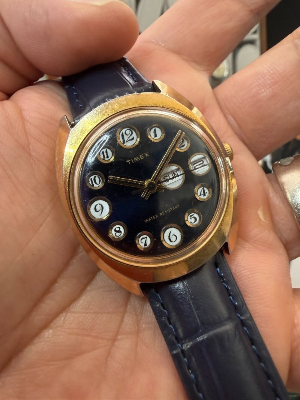 Timex Marlin Telephone Dial Blue 34mm Day Date Mechanical Wind 1970s Vintage